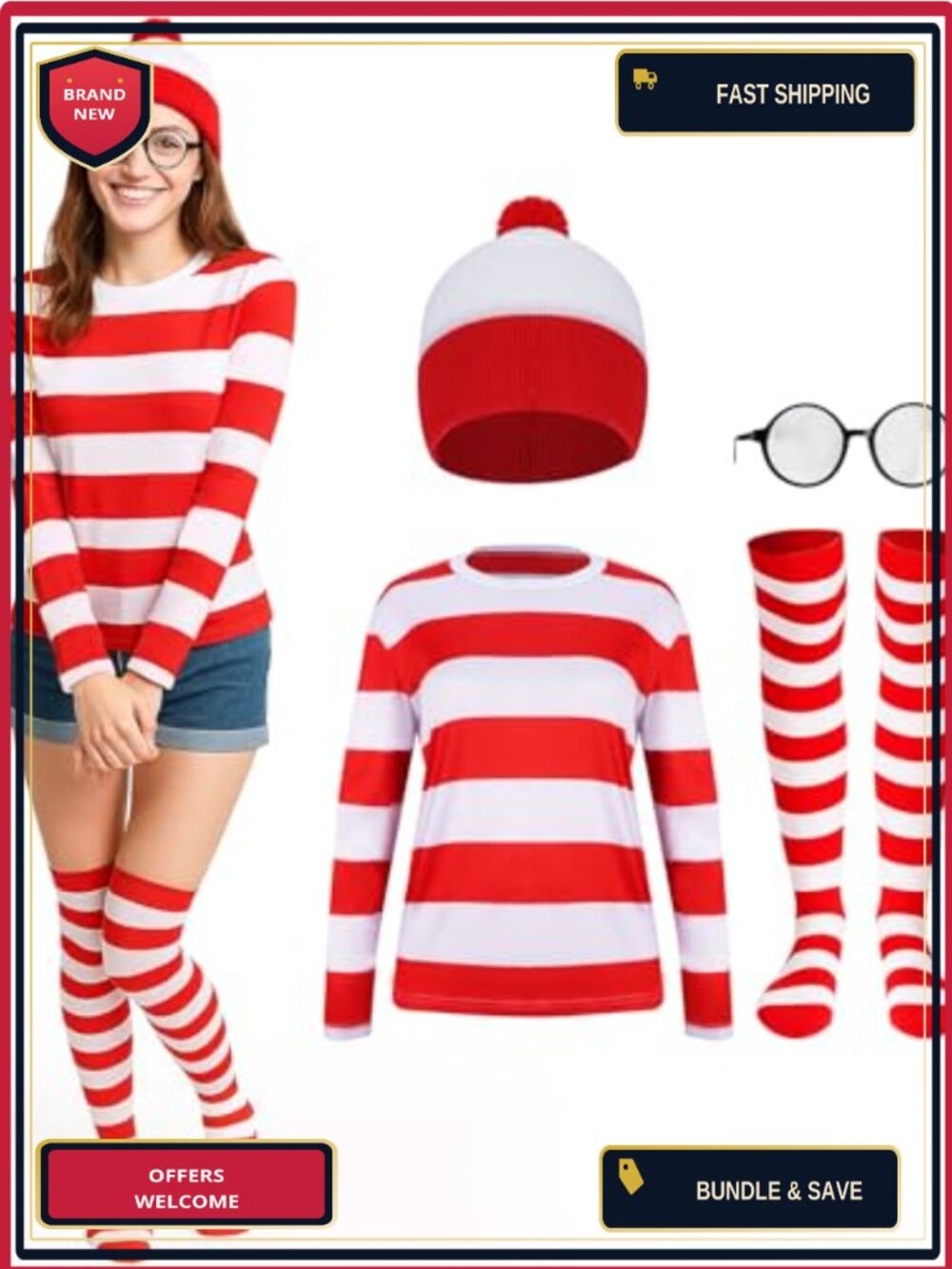Women Striped Costume Shirt Hat Socks Glasses Cosplay Set